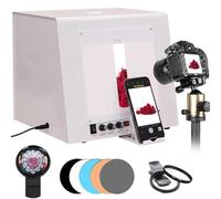 Boîte à lumière portable pour studio photo avec boîte à lumière à intensité variable, plateau tournant électrique, 4 lumières LED, 5 toiles de fond et filtres étoiles pour photographie et vidéo