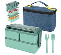 Boîte à lunch de 1400 ml avec 3 compartiments - Boîte à bento à 2 couches avec sac et couverts isolés, boîte à conteneurs de préparation de repas pour adultes les étudiants pour enfants (vert)