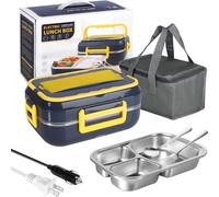 Boîte à lunch électrique 2 EN 1 pour voiture et usage domestique, Boîte à lunch portable Chauffage alimentaire 220V & 12V / 24V 40W Récipient alimentaire en acier inoxydable,Bleu