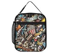 Boîte à lunch isotherme Cartoon Cinema Sac à lunch portable réutilisable avec poche latérale, symboles du film Petit sac isotherme pour repas thermique pour bureau de travail