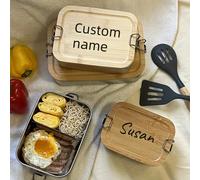 Boîte à lunch personnalisée en acier inoxydable avec verrou, nom et date gravés, récipient de stockage alimentaire rectangulaire hermétique avec couvercle en bois, boîte à bento personnalisée pour étu