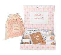 Boite à Maman avec des cadeaux tendres et humoristiques pour future et jeune maman : pochon, porte-clé, bouchon, jeton de décision, bavoir, couche, 6 bons pour, carte.
