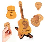 BoîTe à MéDiators de Guitare Personnalisable en Bois - Avec Nom Texte BoîTe à MéDiator En Bois avec et 3 Médiators Cadeaux de Noël Pour les Passionnés de Guitare et de Musique (Version en bois)