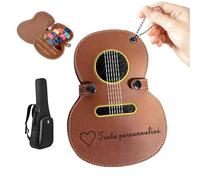 BoîTe à MéDiators de Guitare Personnalisable en Bois - Avec Nom Texte BoîTe à MéDiator En Bois avec et 3 Médiators Cadeaux de Noël Pour les Passionnés de Guitare et de Musique (Version en cuir)