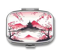 Boîte à médicaments de voyage portable, boîte à bijoux de voyage pour le quotidien, mignon Mont Fuji avec imprimé cerise, boîte à pilules rectangulaires, pour pilules, bonbons, bijoux, bouchons
