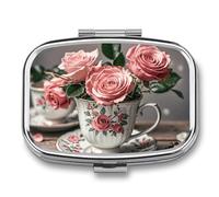 Boîte à médicaments de voyage portable, boîte à bijoux de voyage, tasses à thé mignonnes avec roses romantiques, style shabby imprimé, rectangulaire, applicable pour tablette, pilule, capsules,