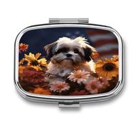 Boîte à médicaments portable à 2 compartiments Shih Tzu - Motif chien et fleurs - Organisateur de médicaments de voyage pour poche et sac à main - Boîte à médicaments portable pour vitamines - Cadeau