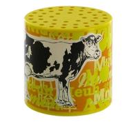 Boîte à meuh ou boîte à vache pour entendre le cri mécanique d'une vache avec étiquette d'une vache avec le mot meuh décliné