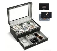 Boîte à Montres à 12 Emplacements,Coffret à Montres avec Couvercle en Verre | Écrin à 2 Niveaux,avec Coussinets Amovibles,Housse en PU Noire avec Doublure en Velours,Vatertagsgeschenk,Geschenk für Männer