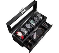 Boîte à Montres Boîte à Montres en Cuir Boucles D’Oreilles Collier Tiroir Boîte De Rangement avec Serrure Couvercle Supérieur en Verre Transparent Boîtier De Montre, Black, 34 * 12 * 13cm