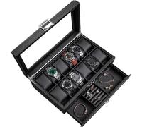 Boîte à Montres Boîte à Montres en Cuir Boucles D’Oreilles Collier Tiroir Boîte De Rangement avec Serrure Couvercle Supérieur en Verre Transparent Boîtier De Montre, Black, 34 * 21 * 13cm