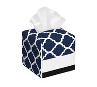 Boîte à mouchoirs carrée en Cuir Bleu Marine et Blanc à Quatre Feuilles, avec Couvercle relevable, idéale pour la décoration de la Maison et du Bureau.