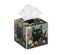 Boîte à mouchoirs carrée en cuir synthétique avec motif chat noir dans le jardin et fleurs pour la maison, la salle de bain, la chambre à coucher, le bureau
