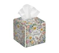 Boîte à mouchoirs carrée en cuir synthétique avec motif Hello Spring Bunny sur le visage floral pour la maison, la salle de bain, la chambre à coucher, le bureau