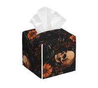 Boîte À Mouchoirs Carrée en Cuir Synthétique Gothic Crow Skull Oranges Flower Délicates Boîte À Mouchoirs Décorative Distributeur De Papier Facial Carré pour Chambre Le Bureau