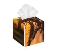 Boîte à mouchoirs cubique en cuir synthétique - Moderne et étanche - Couvercle de boîte à mouchoirs carrée - Motif lever du soleil sur grand arbre - Pour salle de bain, cuisine, table de chevet