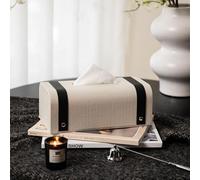 Boîte À Mouchoirs Design Valise Rétro Support À Mouchoirs Élégant En Tissu Chevrons Beige Et Similicuir Conteneur Étanche À La Poussière Compatible Avec Mouchoirs Standard(Black)