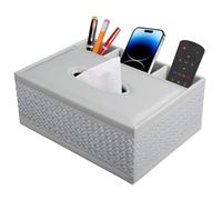 Boîte à mouchoirs rectangulaire en cuir synthétique avec télécommande - Boîte de rangement pour serviettes de bureau - Blanc tressé