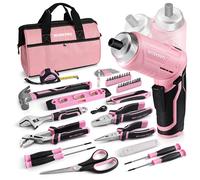 Boite a Outils Pink Rose 53 Pieces WORKPRO avec Tournevis sans Fil 3,7 V, Caisse a Outils Complete avec Sac Durable, Trousse a Outils Rose Parfait pour Bricolage, Entretien Domestique