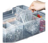 Boîte à outils portable en polypropylène avec poignée empilable | Matériau PP résistant aux chocs, 6 compartiments amovibles, couvercle transparent, résistant à la poussière