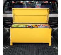 Boîte à outils verrouillable en acier pour charges lourdes | & Boîte de plate-forme étanche avec amortisseur à gaz et support de chariot pour camion, remorque, chantier, jaune