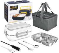 Boîte à pain électrique Chauffe-repas 2 en 1 12V 220V Récipient chauffe-repas avec porte-couverts Porte-téléphone portable Anti-fuite pour voiture Maison Blanc
