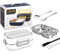 Boîte à pain électrique Chauffe-repas 2 en 1 12V 220V Récipient chauffe-repas avec vaisselle Porte-téléphone portable Anti-fuite pour voiture Maison Blanc