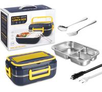 Boîte à pain électrique Chauffe-repas 2 en 1 12V 220V Récipient chauffe-repas avec vaisselle Support de téléphone portable Anti-fuite pour la voiture à la maison Bleu