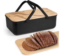 Boîte à Pain Noir,Avec Couvercle en Bambou Pouvant Servir de Planche à Découper, 38x21x13cm Corbeille a Pain Avec Poignée,Facile à Transporter,Fraîcheur Longue Durable