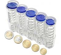 Boîte à pièces avec 5 compartiments pour 2 €, 1 €, 50 centimes, 20 centimes et 10 cents - Distributeur de pièces avec fixation rapide - Trieur robuste - Design en plastique - Transparent