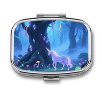 Boîte à pilules 2 compartiments Fantasy Forest Travel avec miroir, étanche, 2 fois par jour, conteneur portable pour sac à main et poche, rectangulaire, argenté