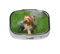 Boîte à pilules à 2 compartiments avec nœud rouge et motif Yorkshire Terrier - Motif pelouse