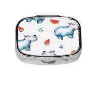 Boîte à pilules à 2 compartiments, motif aquarelle, motif hippopotame et pastèque, organiseur portable