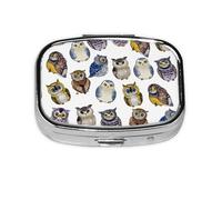 Boîte à pilules à 2 compartiments, motif hiboux mignons à l'aquarelle, organiseur portable