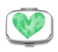 Boîte à pilules aquarelle en forme de cœur vert - 2 compartiments - Pilulier de voyage pour sac à main