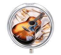 Boîte à pilules aquarelle pour guitare acoustique - 3 compartiments - 3 compartiments par jour - Organiseur de vitamines portable avec miroir - Petit pilulier pour sac à main et poche - Joli récipient