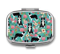 Boîte à pilules Border Collie Florals avec 2 compartiments - Organiseur de médicaments portable en métal pour sac à main et voyage - Pilulier compact et suppléments d'huile de poisson et vitamines