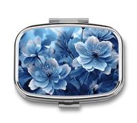 Boîte à pilules carrée en fleurs bleues à 2 compartiments, pilulier de poche portable ou pilulier pour vitamines, médicaments, huile de poisson, etc