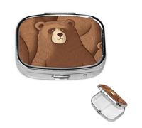 Boîte à pilules carrée en métal à 2 compartiments - Motif ours marron - Joli étui de voyage portable pour médicaments et vitamines - Cadeau unique pour homme et femme