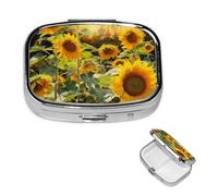 Boîte à pilules carrée en métal à 2 compartiments - Motif tournesols - Joli pilulier de voyage portable pour médicaments et vitamines - Cadeau unique pour homme et femme