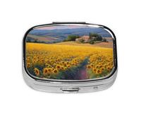Boîte à pilules carrée en métal avec 2 compartiments pour vitamines et médicaments Motif Sunflowers Field Rolling Hills