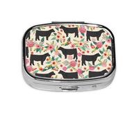Boîte à pilules carrée en métal avec imprimé vache et fleurs roses - Transportez vos médicaments avec style (rectangulaire)