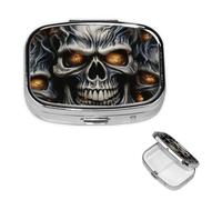 Boîte à pilules Cool Evil Skull avec miroir, 2 compartiments - Petit pilulier pour sac à main ou poche - Mini pilulier en métal - Pour voyage, médicaments, comprimés et vitamines - Cadeau de voyage