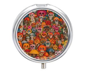 Boîte à pilules d'art populaire mexicain, 3 compartiments, petite boîte à pilules ronde, résistante à l'humidité, portable pour les voyages, les vitamines, les compléments d'huile de poisson