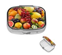 Boîte à pilules de fruits frais avec miroir - 2 compartiments décoratifs pour sac à main ou poche - Petit pilulier carré en métal - Pour médicaments et vitamines - Cadeau de voyage