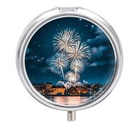 Boîte à pilules de Noël avec 3 compartiments étanche et miroir rond en métal - Motif feux d'artifice dans le ciel nocturne