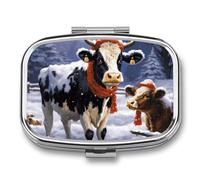 Boîte à pilules de Noël en forme de vache des neiges à 2 compartiments avec miroir carré en métal pour contenir des vitamines, de l'huile de poisson