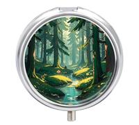 Boîte à pilules de voyage 3 compartiments par jour avec miroir, petite boîte à pilules pour sac à main et poche - Motif fantaisie sauvage enchantée sur fond vert foncé