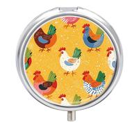 Boîte à pilules de voyage à 3 compartiments avec miroir - Motif poule - Pour sac à main et poche - Joli récipient à médicaments quotidien en métal et vitamine C