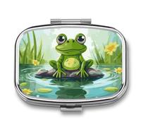 Boîte à pilules de voyage en forme de grenouille dans un étang - 2 compartiments - Avec miroir - Carré - En métal - Pour ranger les vitamines et l'huile de poisson
